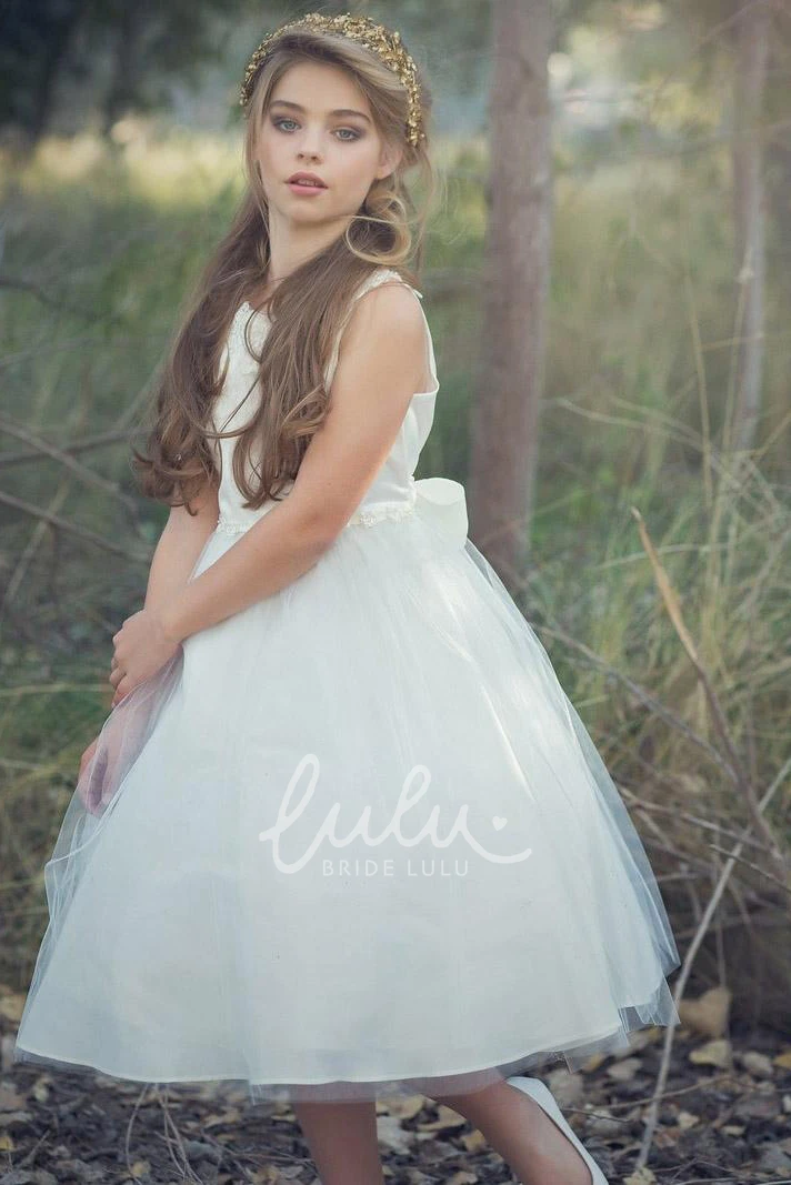 Beaded Appliqued Tea-Length Floral Flower Girl Dress Tulle & Sequins