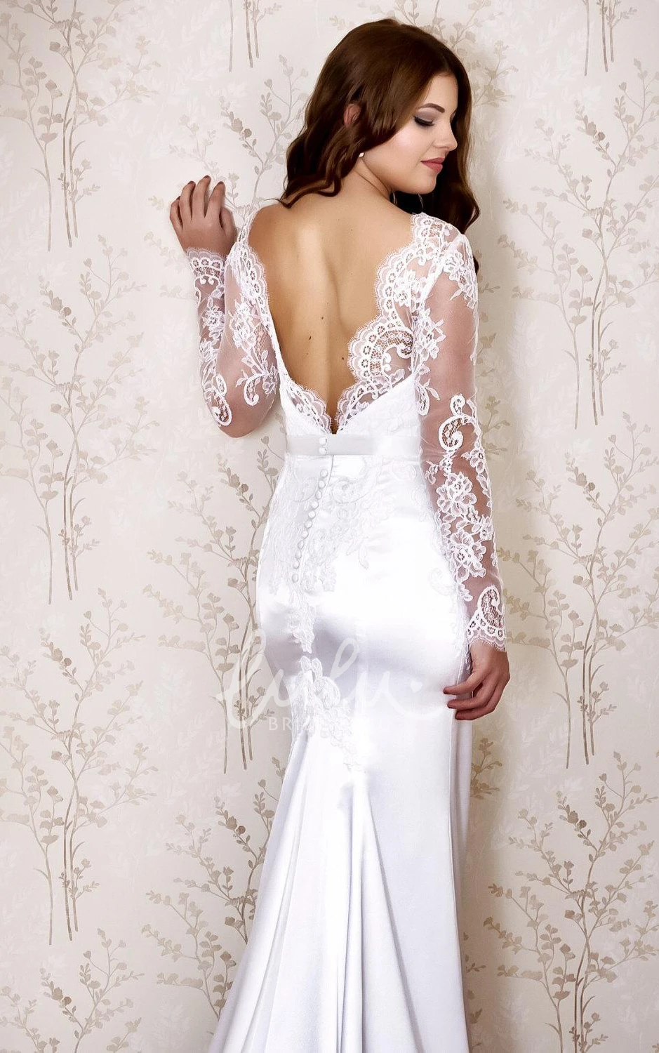 Mermaid Satin Wedding Dress with Long Sleeves and Lace Detail