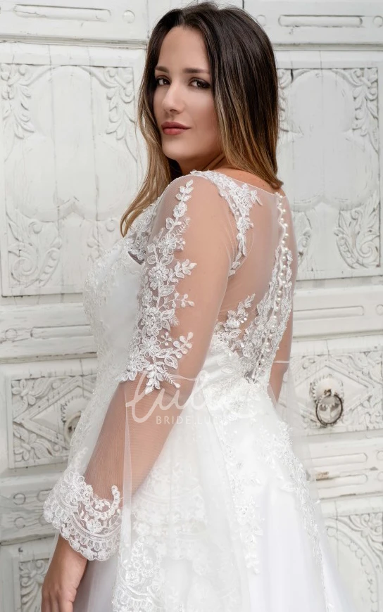 Tulle Bateau Long Sleeve Wedding Dress Romantic A Line Floor-Length Appliqued Bridal Gown
