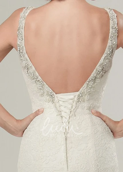 Sleeveless V-Neck Mermaid Lace Wedding Dress with Beading Unique Bridal Gown