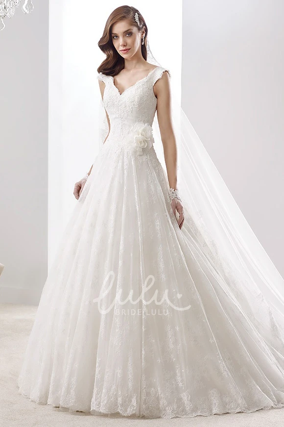 Floral V-Neck A-line Wedding Dress with Cap Sleeves and V Back Elegant Wedding Dress 2025 Women's Flowy