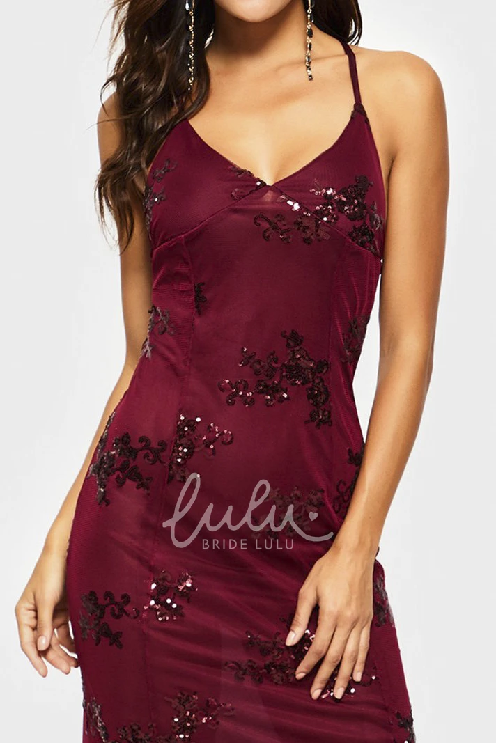 Sexy V-neck Sheath Tulle Formal Dress with Sequin Appliques and Straps