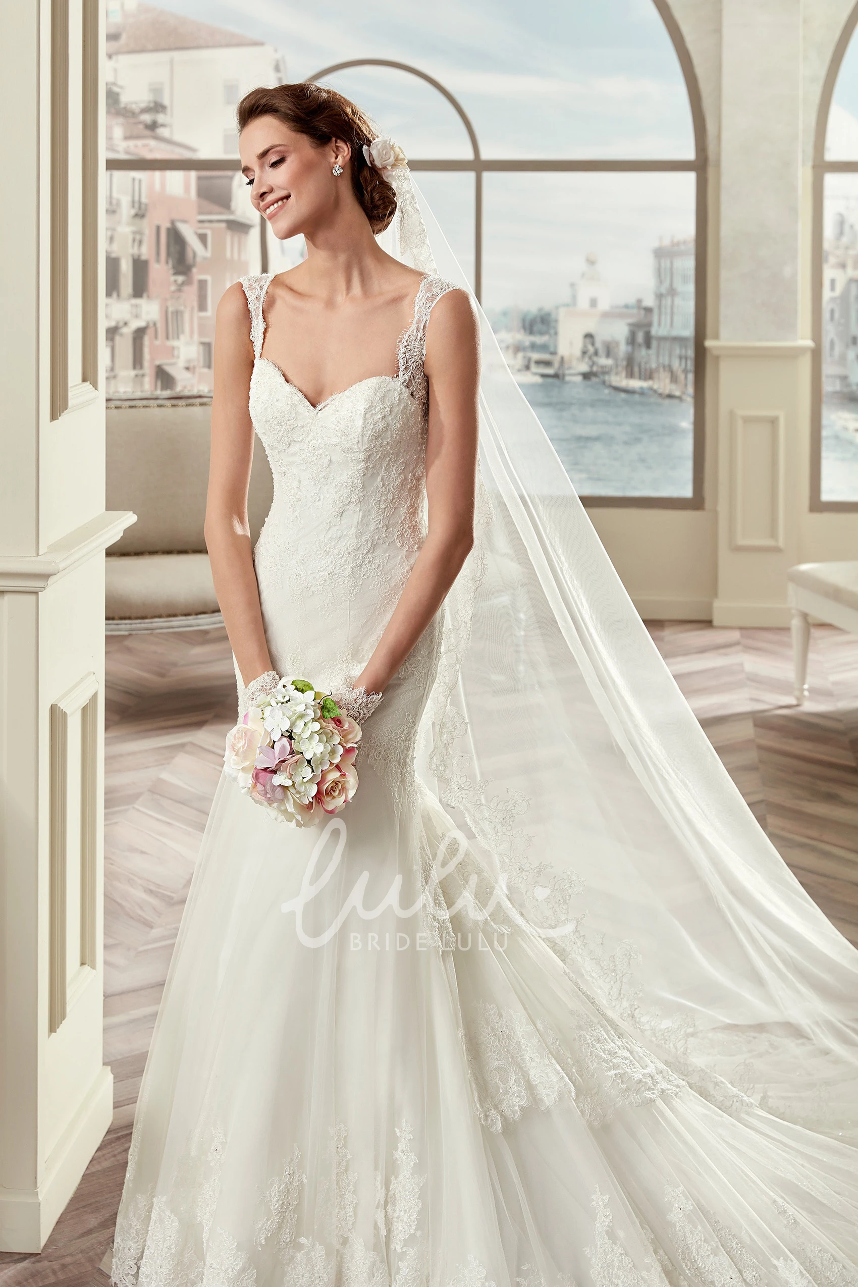 Mermaid Sheath Bridal Gown with Square Neckline Lace Straps and Brush Train