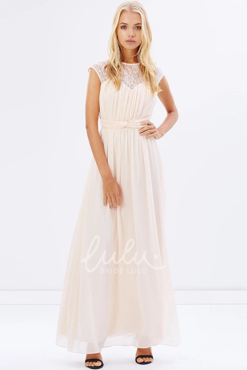 Ruched Chiffon Cap Sleeve Bridesmaid Dress with Jewel Neck Modern Bridesmaid Dress