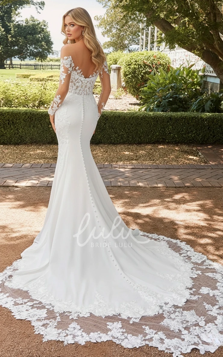 Mermaid Classic Illusion Sexy V-Neck Lace Applique Long Tail Warm Wedding Dress With Long Sleeves