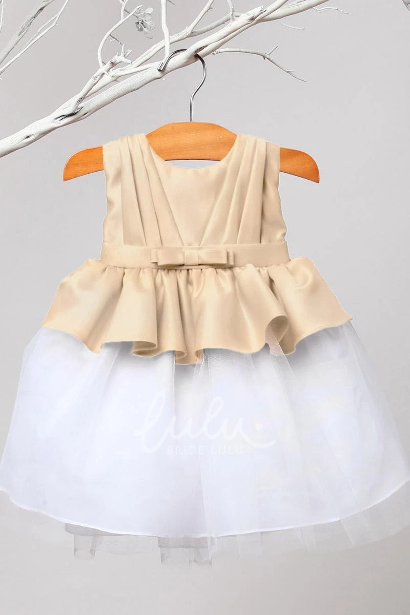 Knee-Length Tiered Pleated Tulle&Satin Flower Girl Dress With Ribbon Bridesmaid Dress with Tiered Tulle and Satin