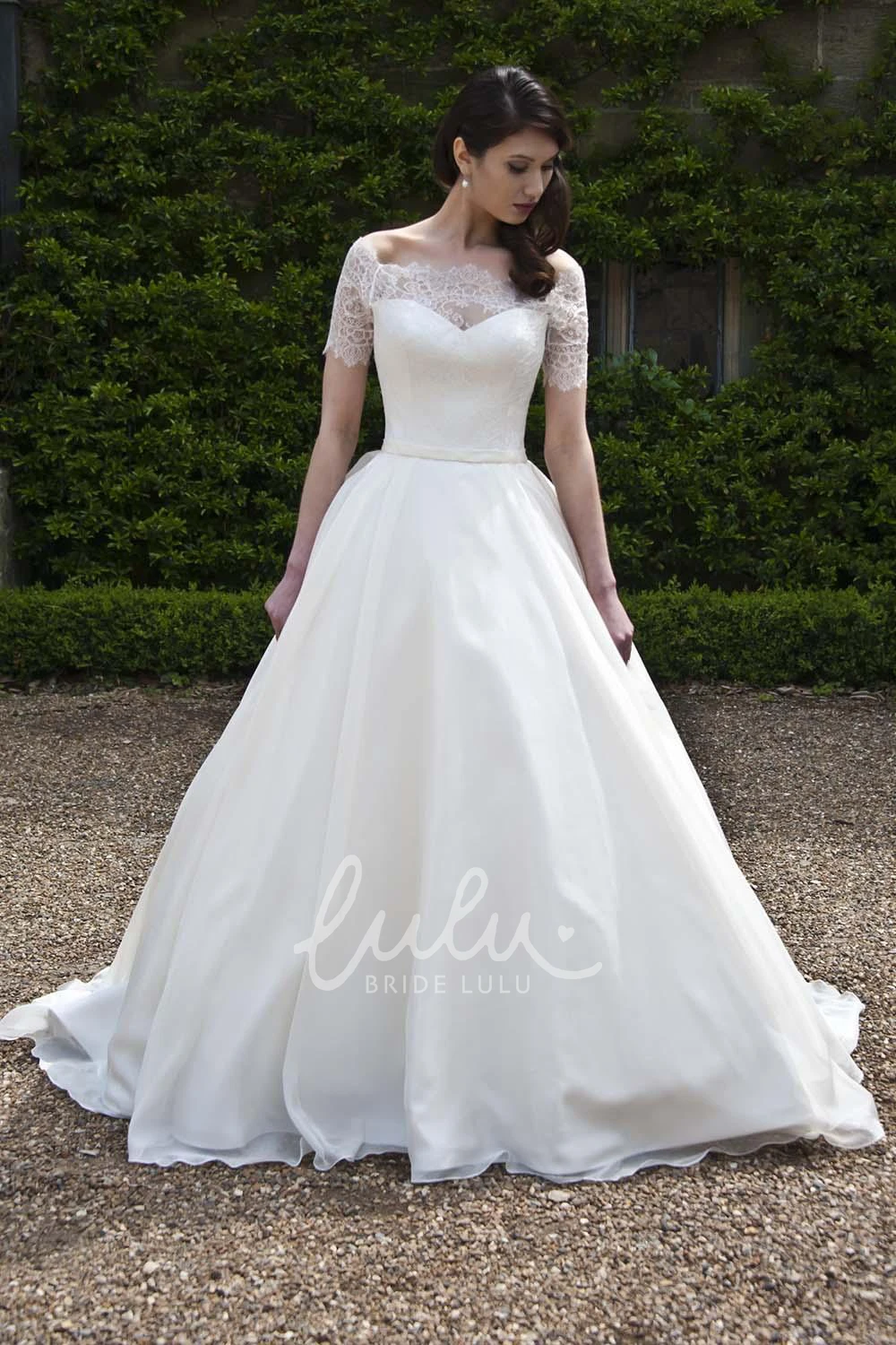 Short Sleeve Tulle and Satin Ball Gown Wedding Dress with Bateau Neckline