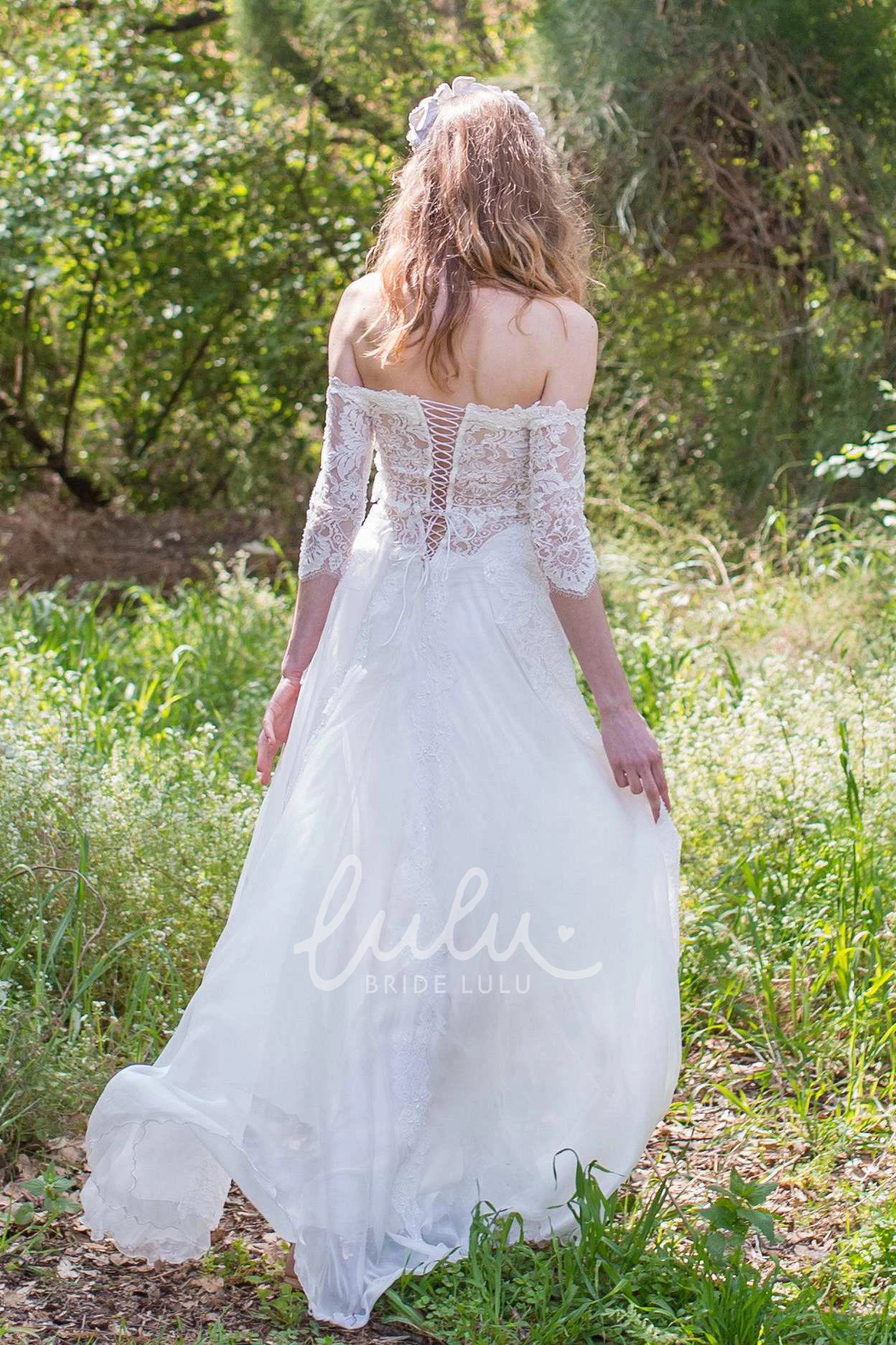 Boho Wedding Dress with Corset Back Off-the-Shoulder Lace Chiffon