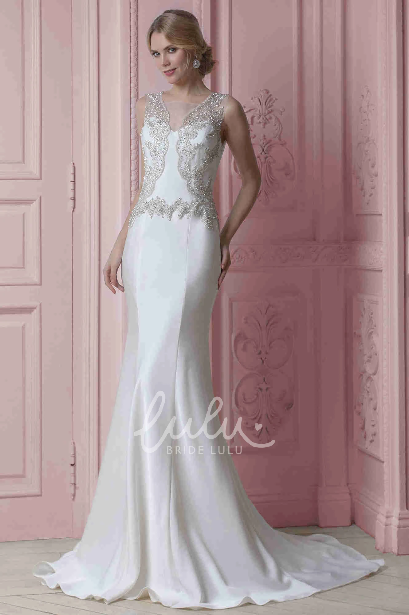 Sleeveless Sheath Beaded V-Neck Stretched Satin Wedding Dress Modern Bridal Gown