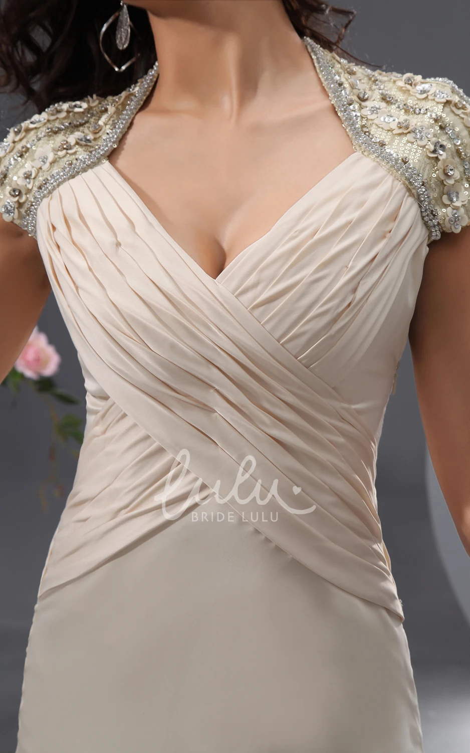 Queen Anne Evening Gown with Cap Sleeves and Beading for Formal Events