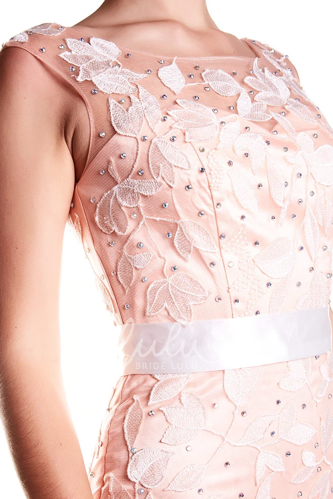 Embroidered Cap-Sleeve Tulle&Satin Prom Dress with Bateau-Neck Elegant Sheath Floor-Length