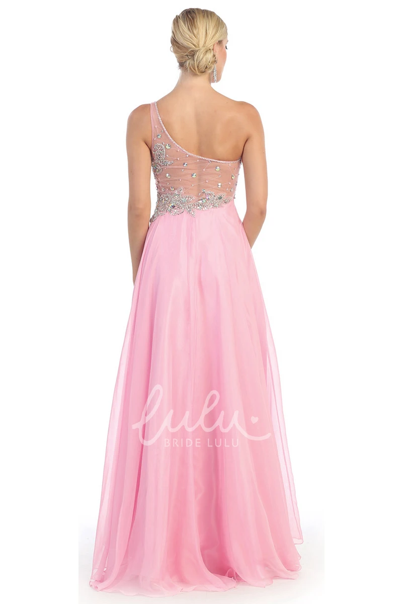 Illusion Tulle Prom Dress with Beading and Pleats A-Line Sleeveless One-Shoulder