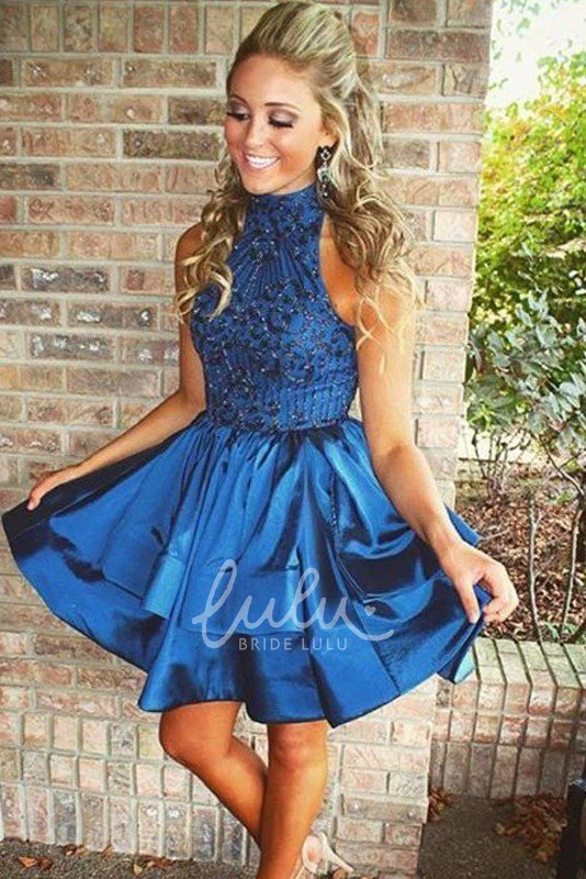 High Neck Taffeta Homecoming Dress with Beading and Tiers Formal Dress