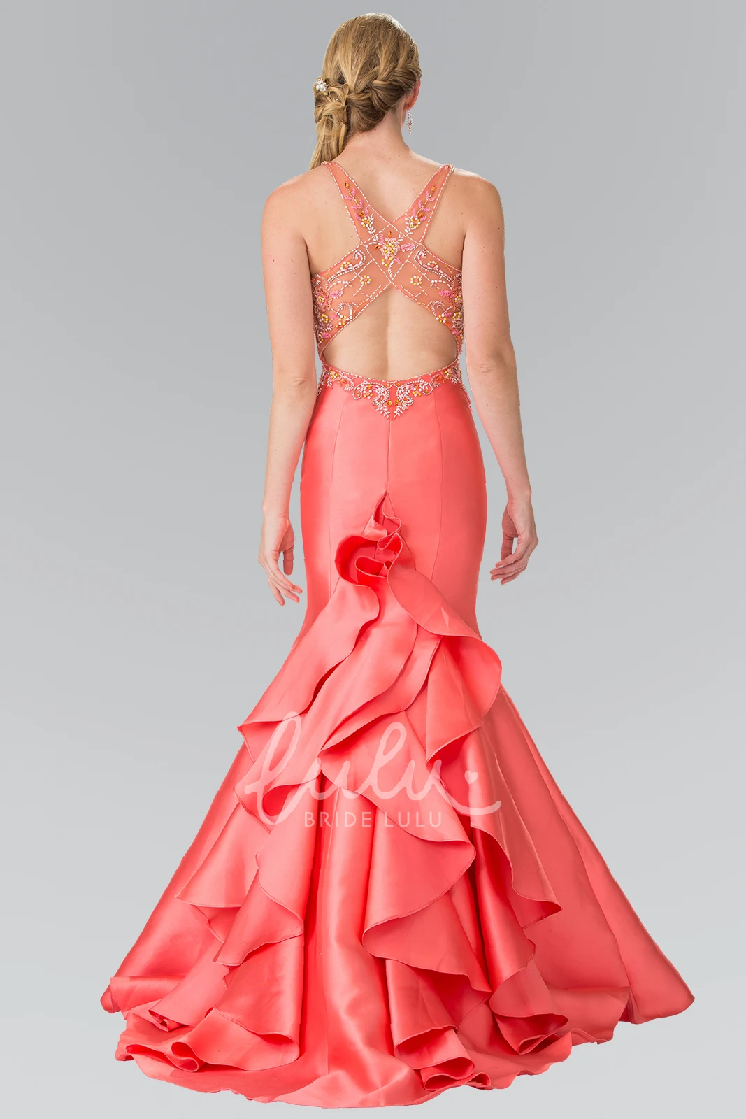 Satin Spaghetti Sheath Formal Dress with Beading and Ruffles