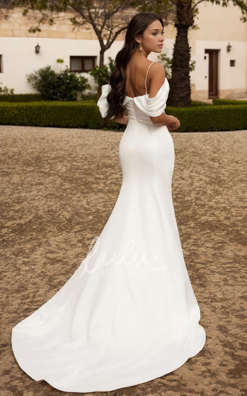Elegant Mermaid Off-the-shoulder V-neck Satin Wedding Dress Solid Sleeveless Backless Bridal Gown with Train