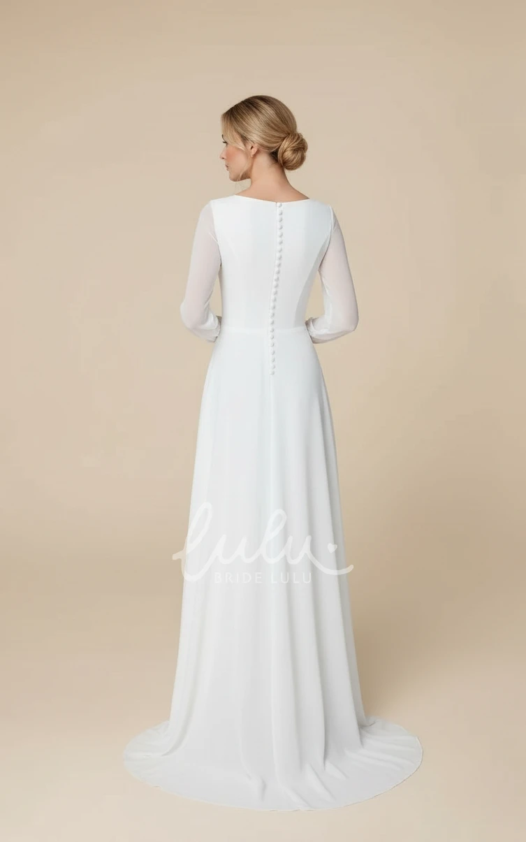 A-Line Simple Chiffon Jewel Winter Wedding Dress with Illusion Long Sleeves