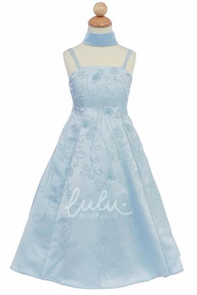 Ankle-Length Sequin Satin Floral Dress with Straps Bridesmaid Dress