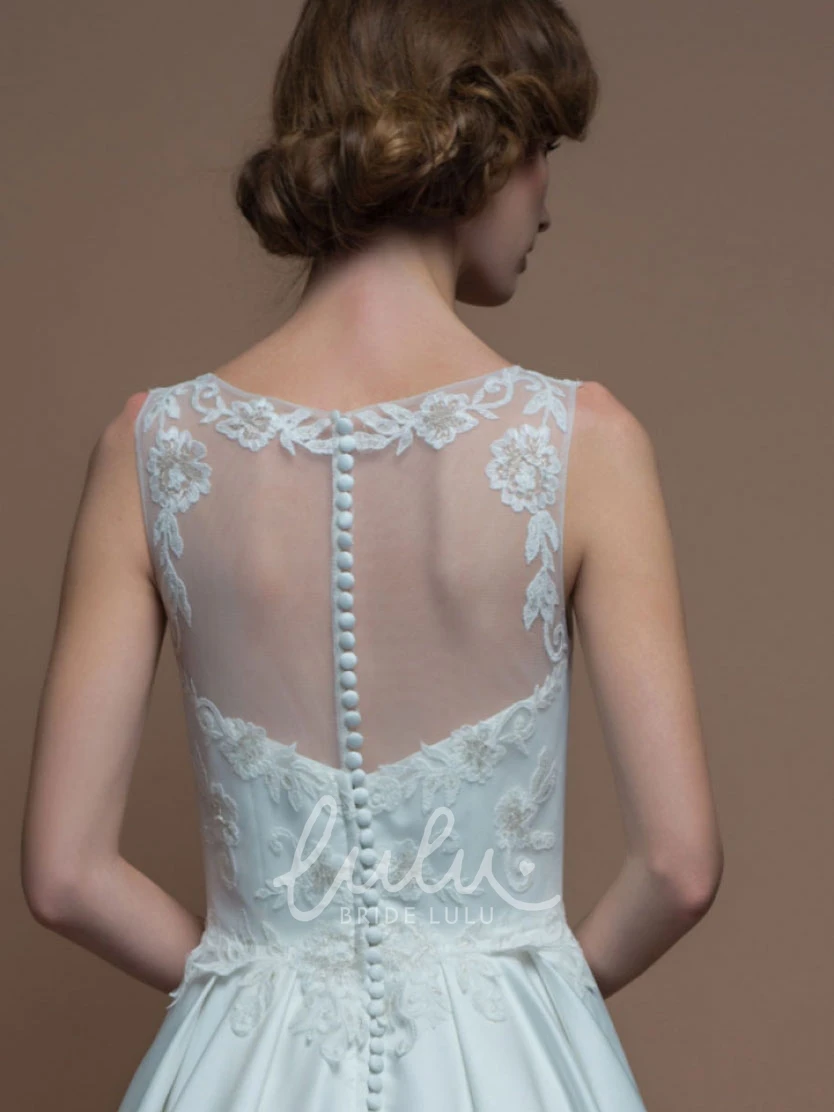 Satin A-Line Wedding Dress with Illusion Back and Brush Train