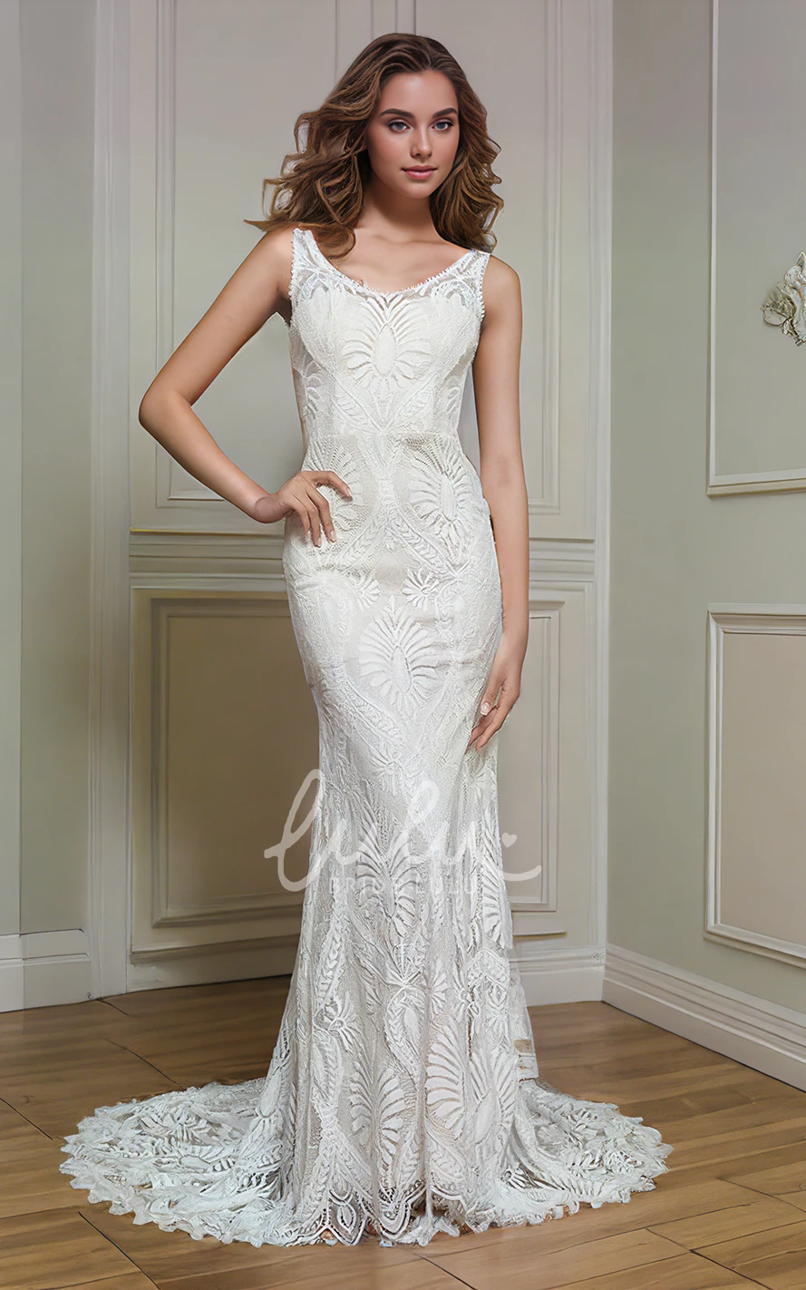 Sleeveless Mermaid Scoop Neck Straps Bohemian Lace Beach Floor-length Wedding Dress with Zipper Deep-V Back Train