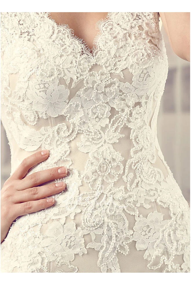 Lace V-Neck Wedding Dress with Court Train and V Back Elegant Bridal Gown