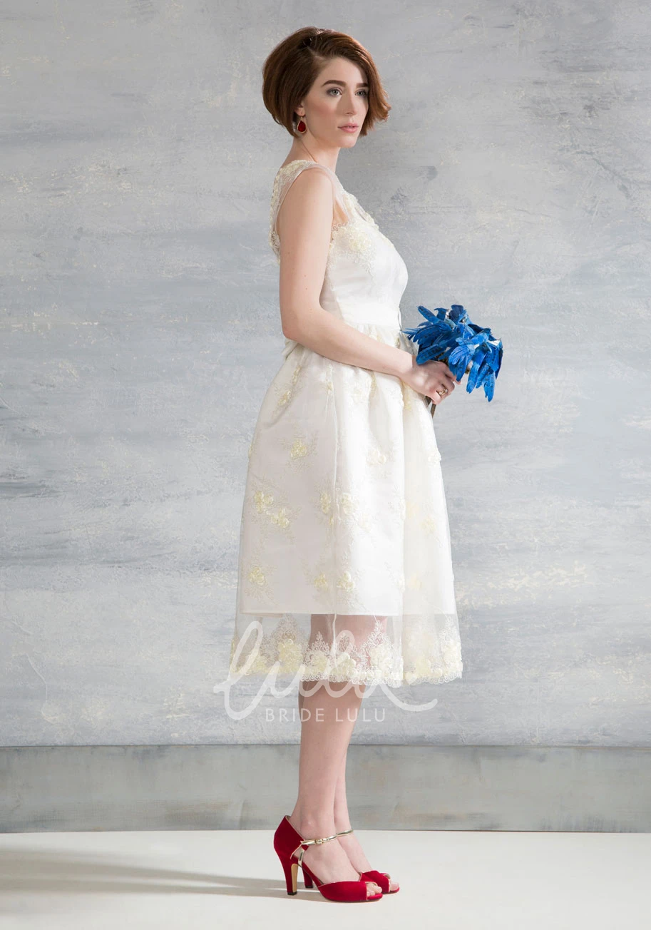 Satin&Tulle Tea-Length Wedding Dress with Appliques and Bow Elegant Bridal Gown