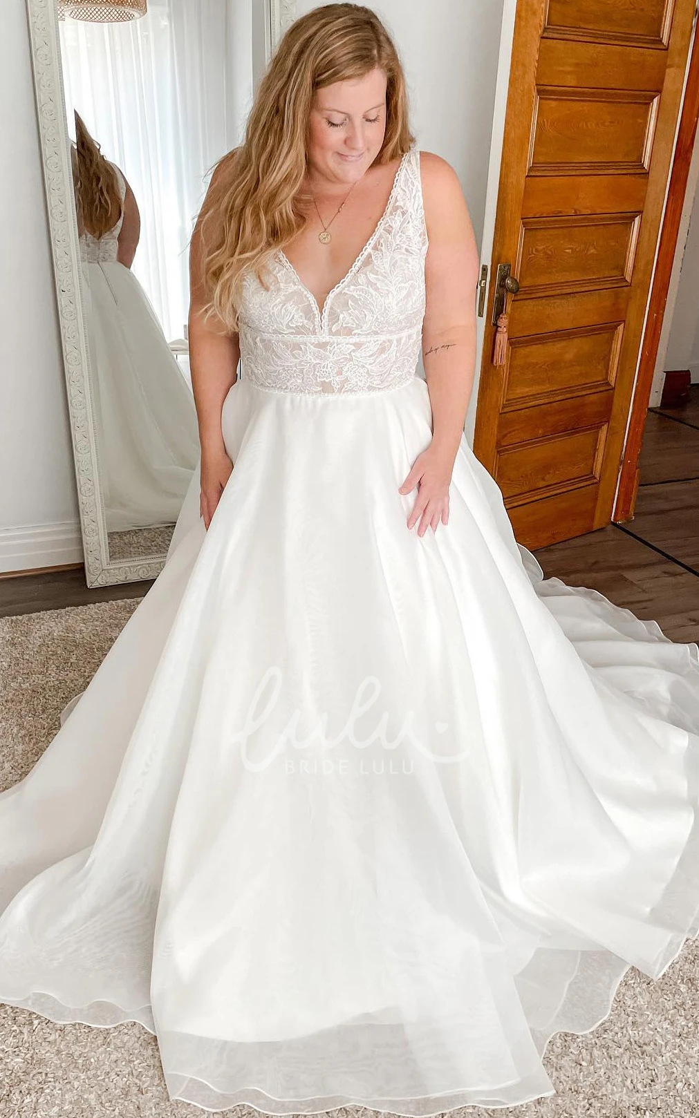 Romantic A-Line Organza Beach Wedding Dress with Open Back and Chapel Train Beach Wedding Dress