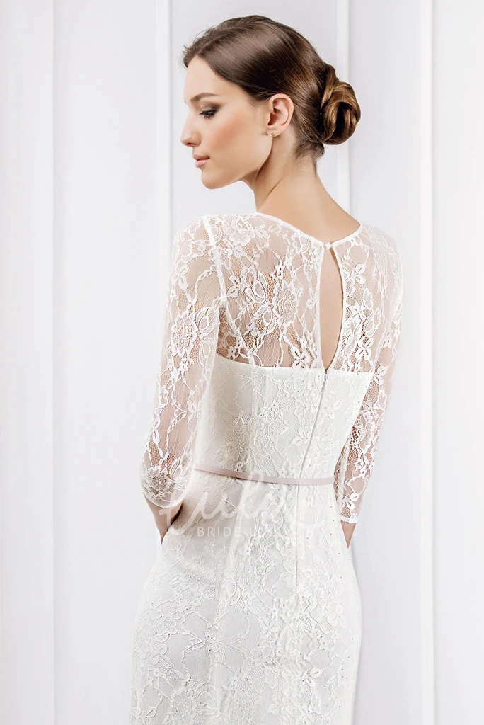 Lace 3-4 Sleeve Wedding Dress with Brush Train Unique Wedding Dress