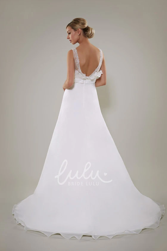 Long A-Line Satin Wedding Dress with V-Neck Beaded Bodice Ruffles and Deep-V Back