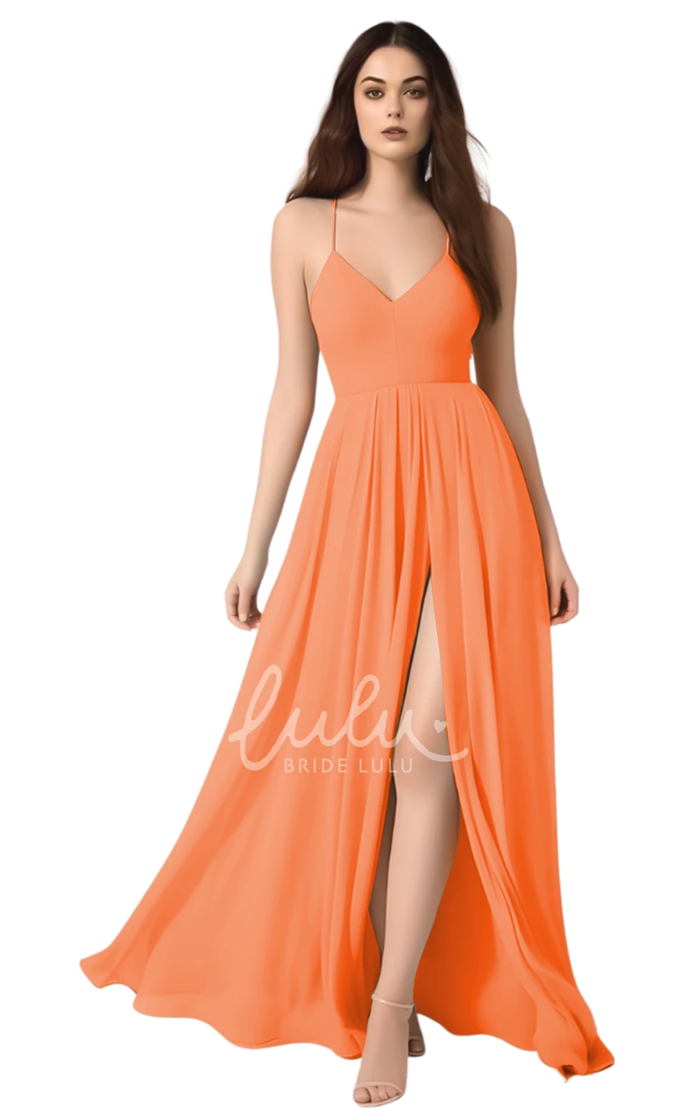 Sexy A-Line Chiffon Spaghetti Bridesmaid Dress with Front Split Modern Wedding Dress