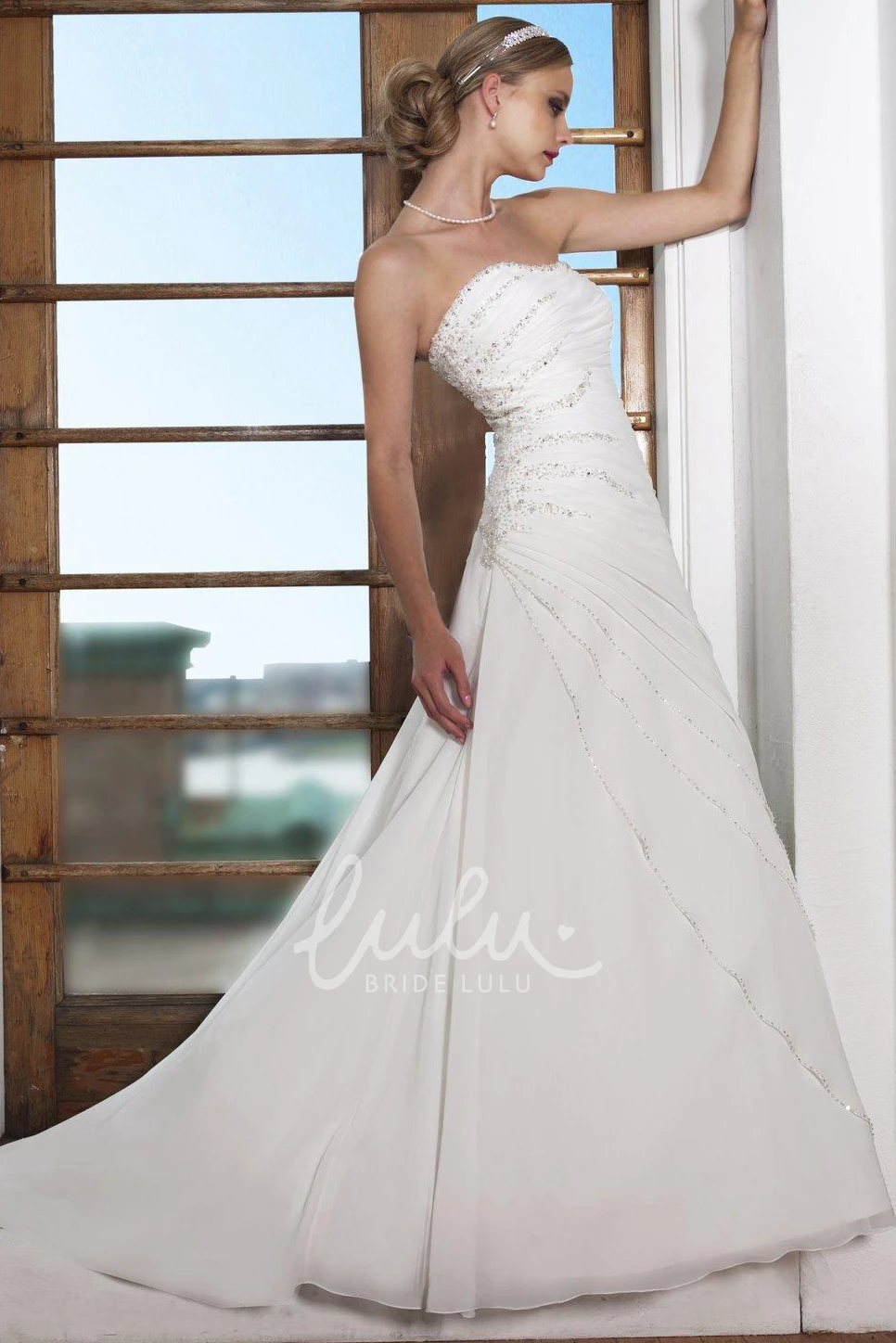 Beaded Chiffon Strapless Sheath Wedding Dress with Ruching Floor-Length