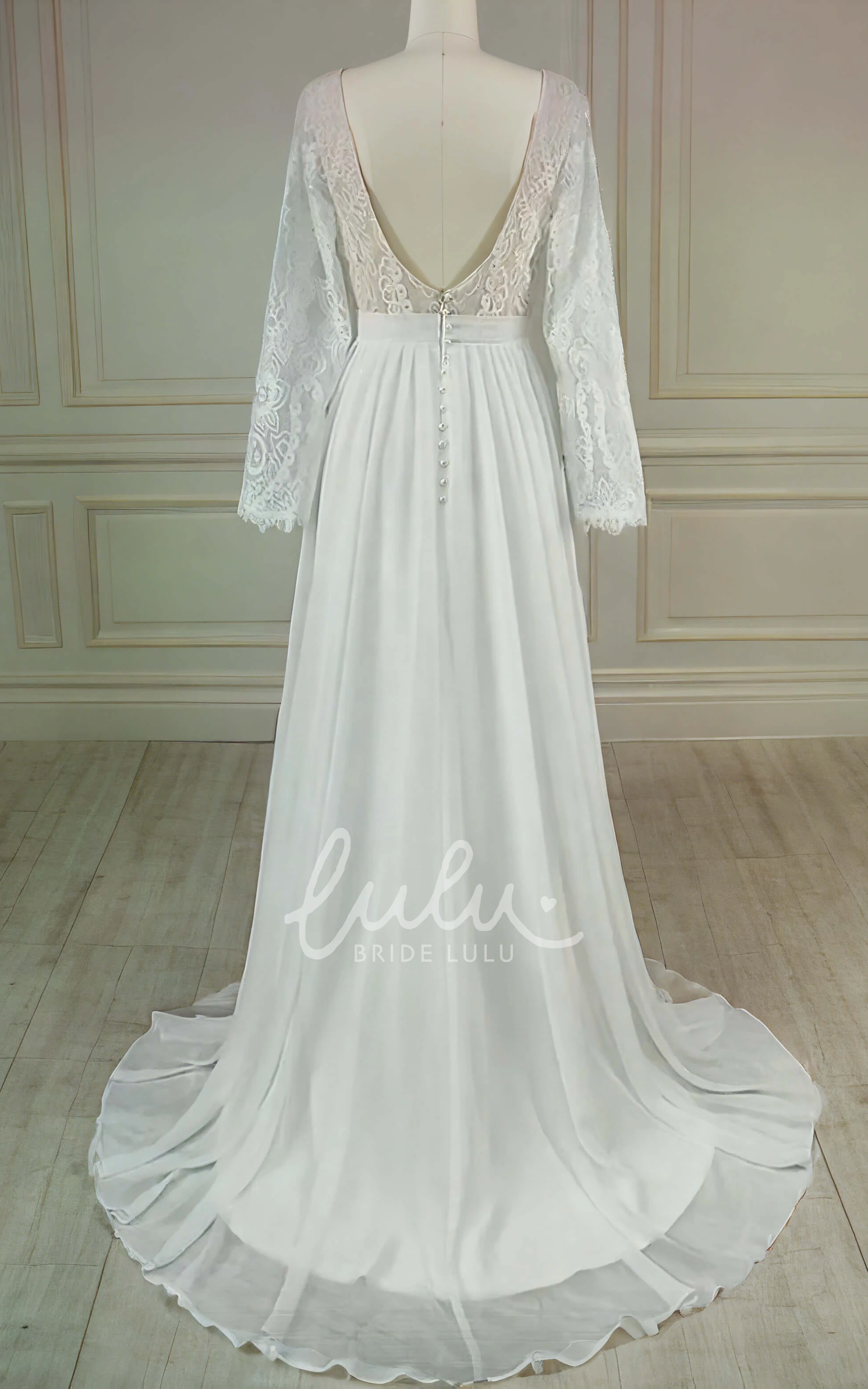 A-Line Deep V-Back Modest Chiffon Lace Long Sleeve Long Dress