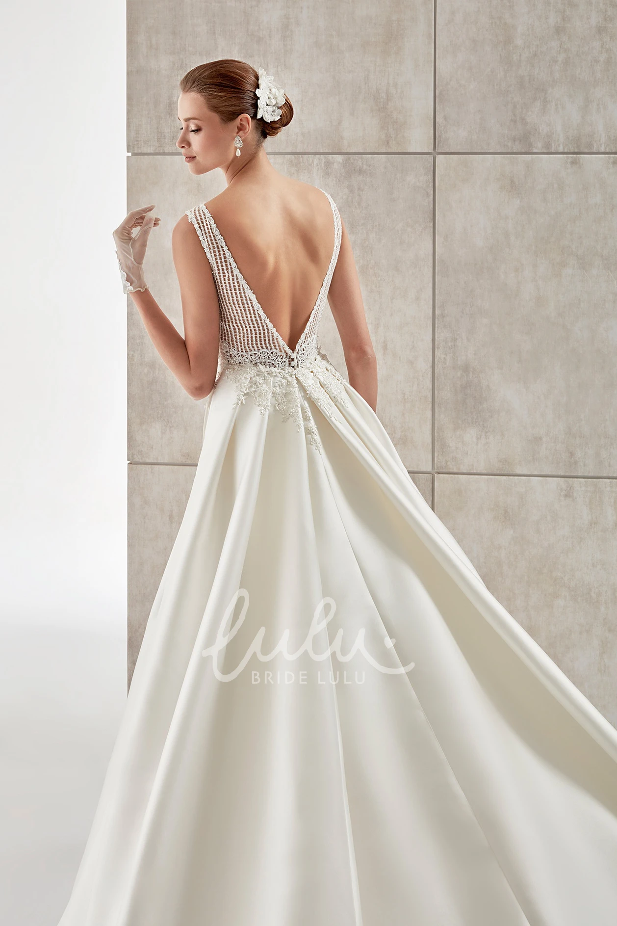 Satin A-Line Wedding Dress with Lace Bodice and Open Back Classic Bridal Gown