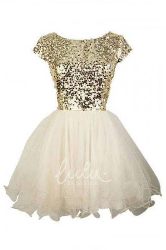 Bateau Ruffle Short Sleeve Sequin A-line Homecoming Dress