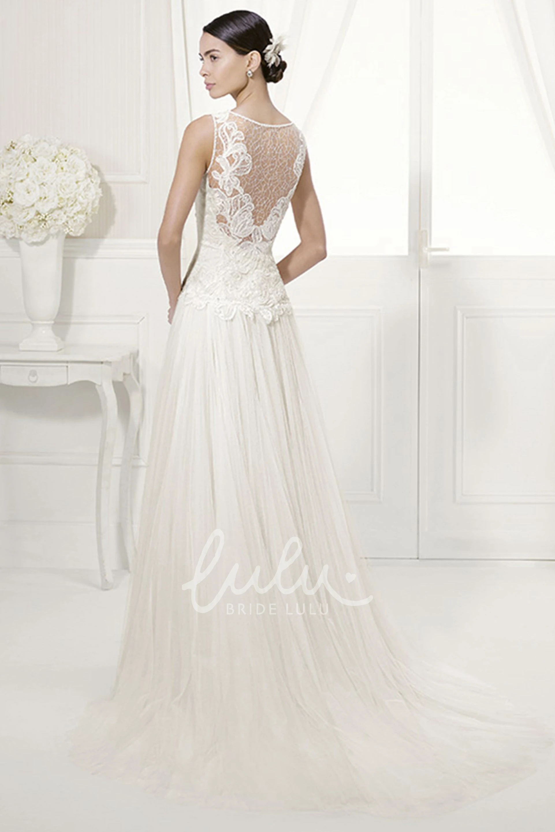 Appliqued Bodice Bridal Gown with Pleated Tulle Skirt Jewel Neckline