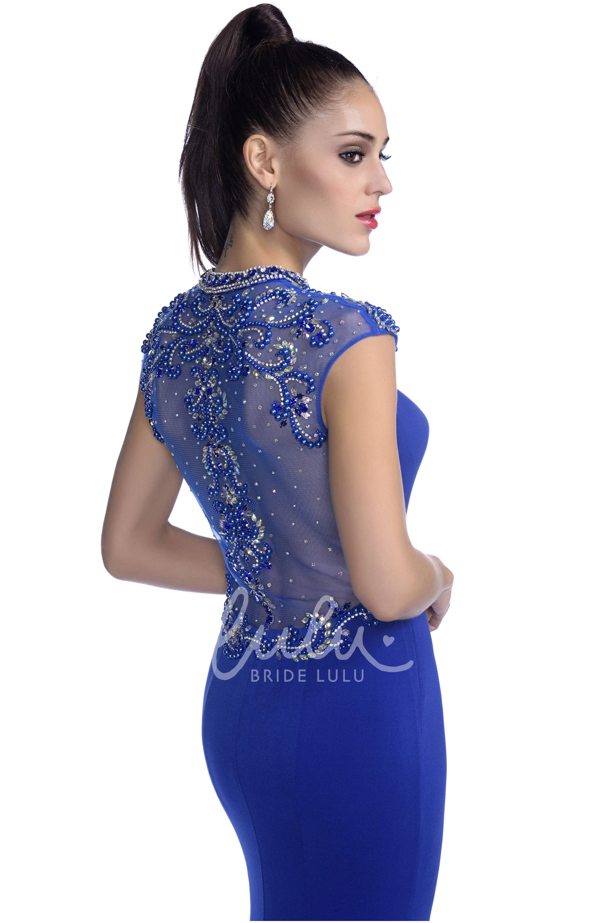 Sheath Jersey Prom Dress with Rhinestones and Side Slit Cap Sleeves