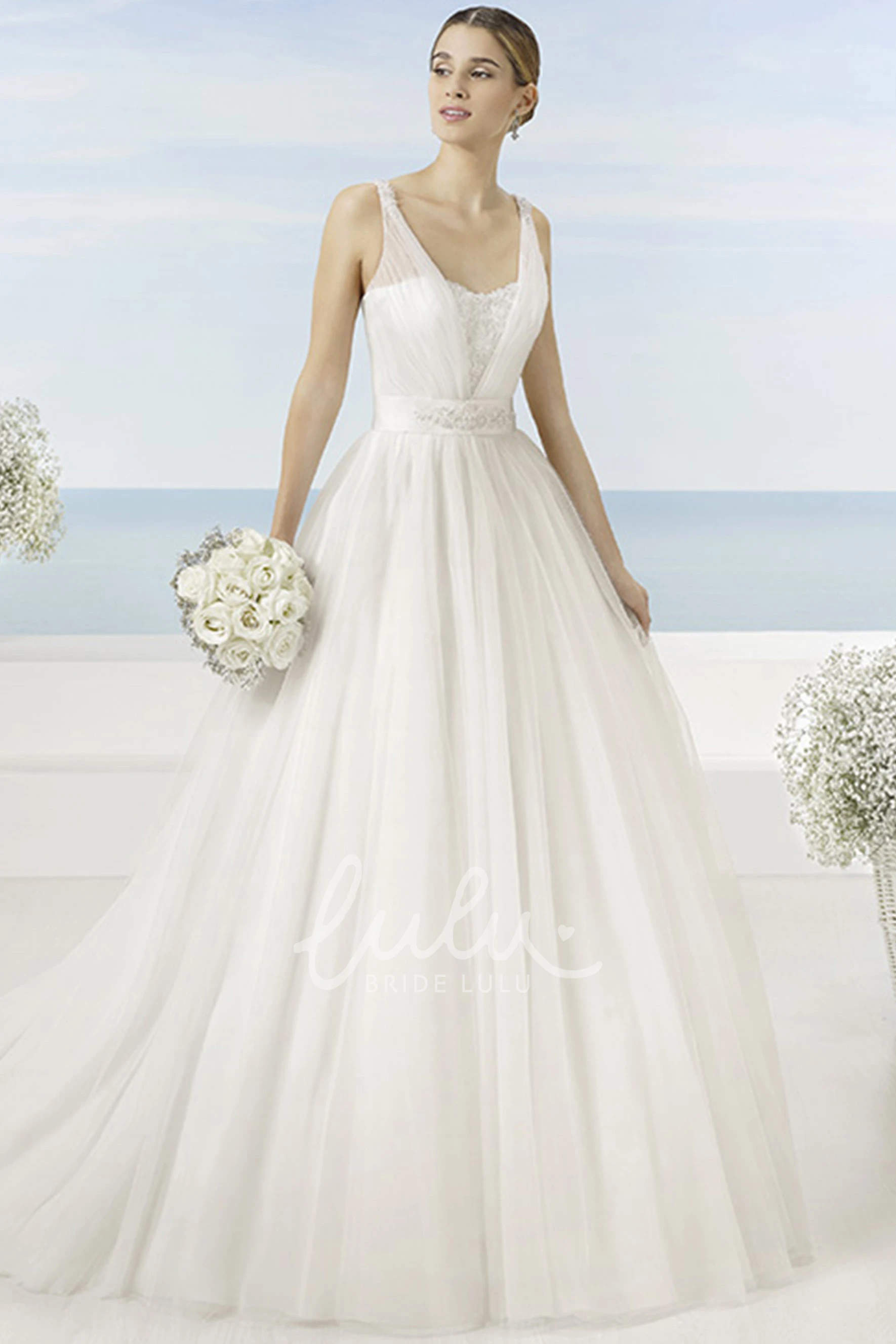 Beaded V-Neck Tulle Wedding Dress with Bow and Low-V Back A-Line Wedding Dress