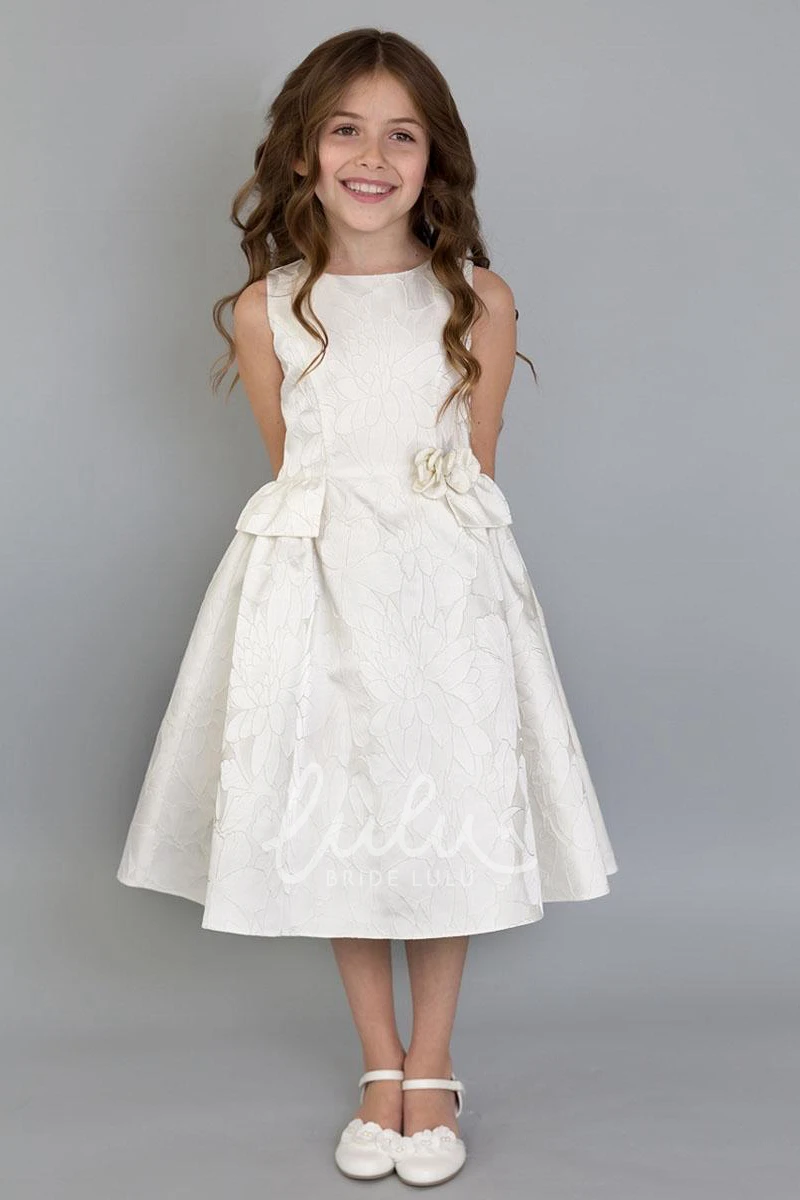 Peplum Floral Embroidered Tea-Length Flower Girl Dress with Pleats