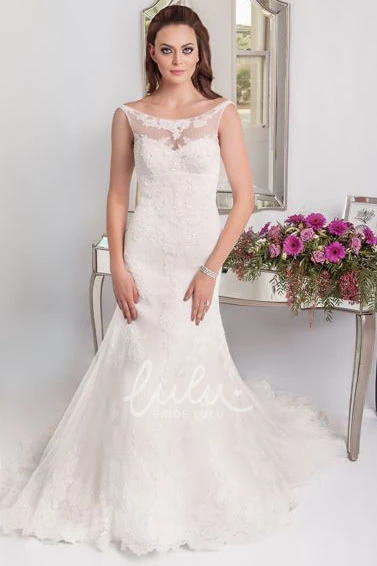 Sleeveless Lace Wedding Dress with Appliques Scoop Neckline and Long Flowy Skirt