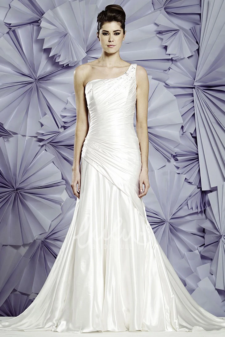 One-Shoulder Beaded Satin Wedding Dress with Side Draping Classy Wedding Dress