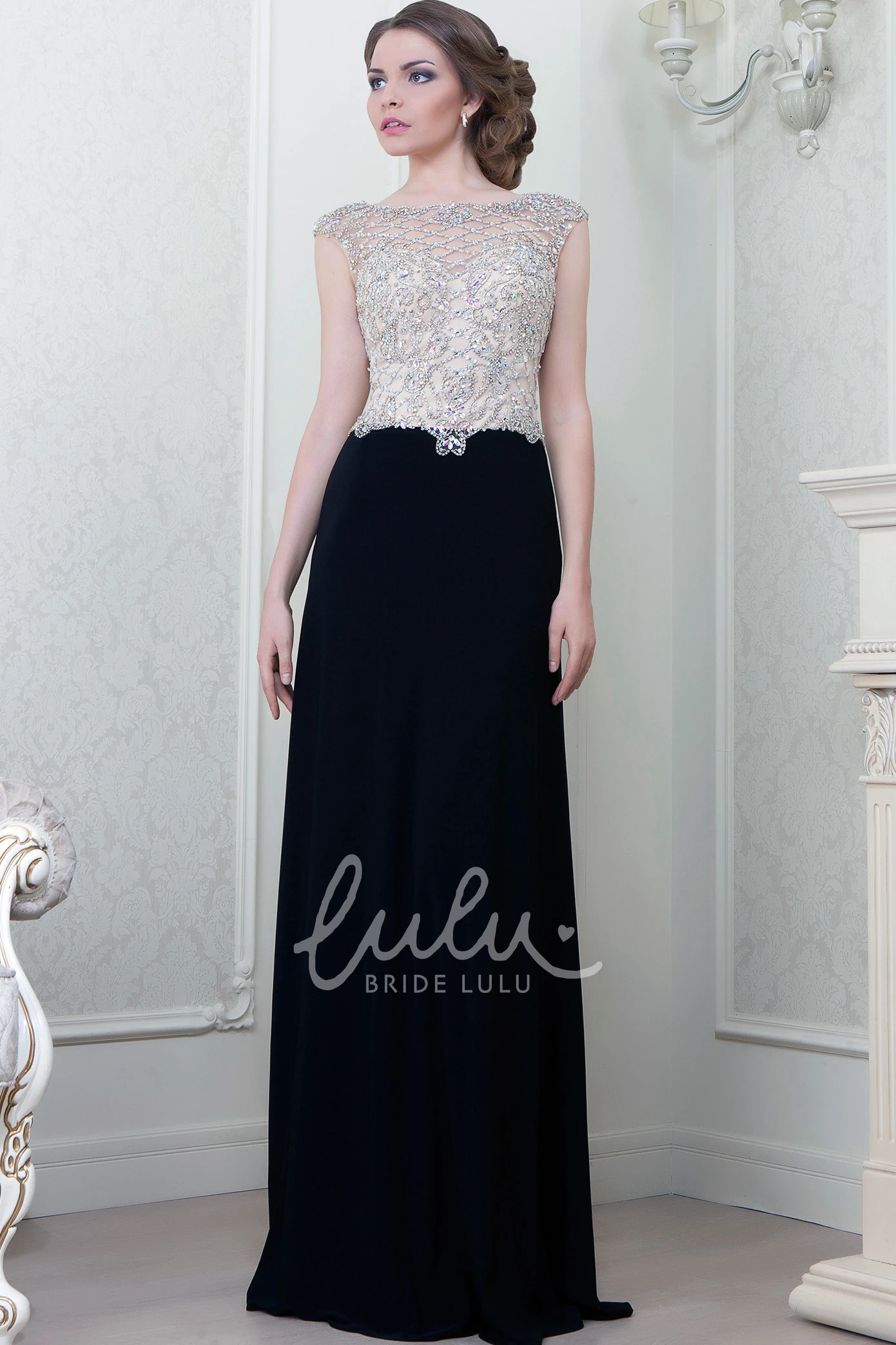 Beaded Cap-Sleeve A-Line Floor-Length Evening Dress Classy Prom Dress