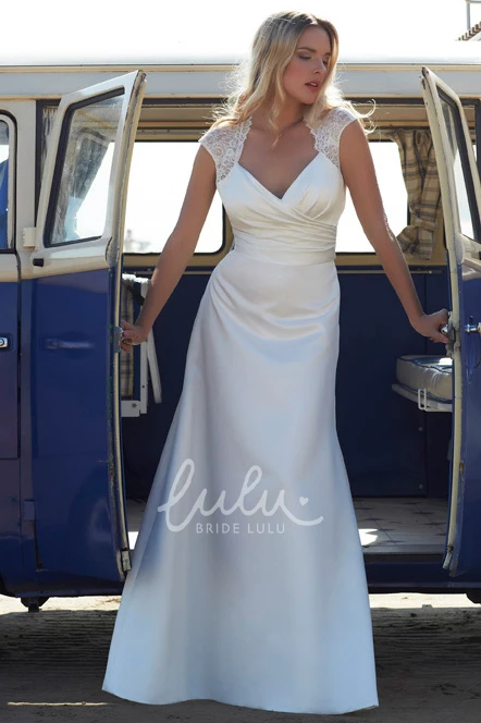 Satin Chiffon Wedding Dress with Cap-Sleeves and Sweep Train V-Neck Ruching