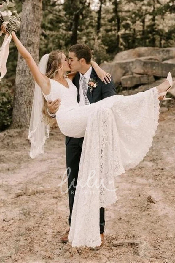 Ethereal Court Train V-Neck Lace Wedding Dress with Deep-V Back