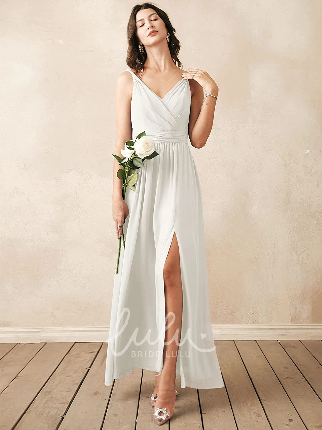 Sleeveless V-neck Chiffon A-line Bridesmaid Dress with Ruching Elegant