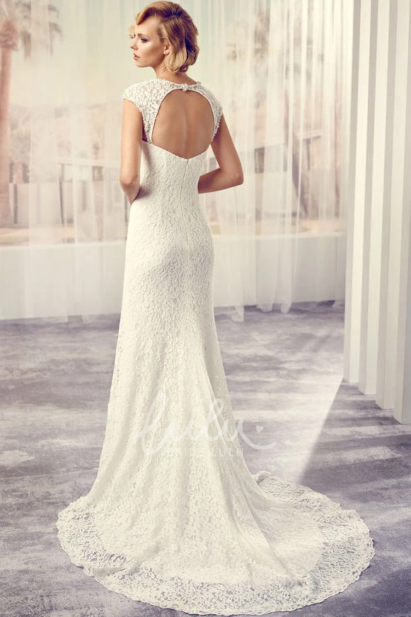 Cap-Sleeve Lace Wedding Dress with Keyhole Back and Court Train Classy Bridal Gown