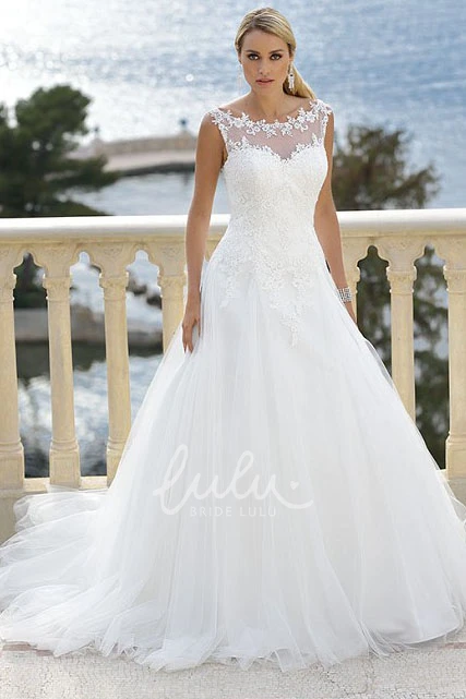 Illusion Court Train Tulle Wedding Dress with Appliques Elegant Bridal Gown