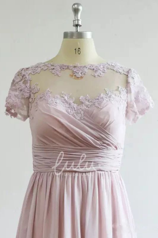 A-line Chiffon Bridesmaid Dress with Appliques and Ruching Jewel Style Short Sleeve