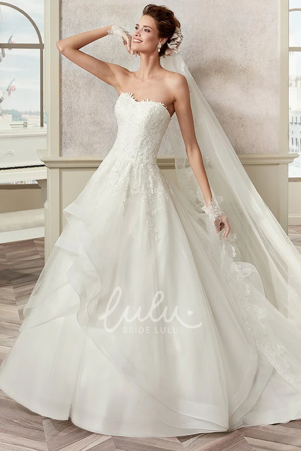 Asymmetrical Ruffles Strapless A-line Wedding Gown with Ruching and Appliques Chic Bridal Gown