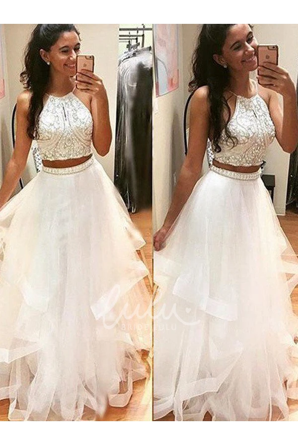 Sleeveless Halter Tulle A-Line Formal Dress with Floor-length