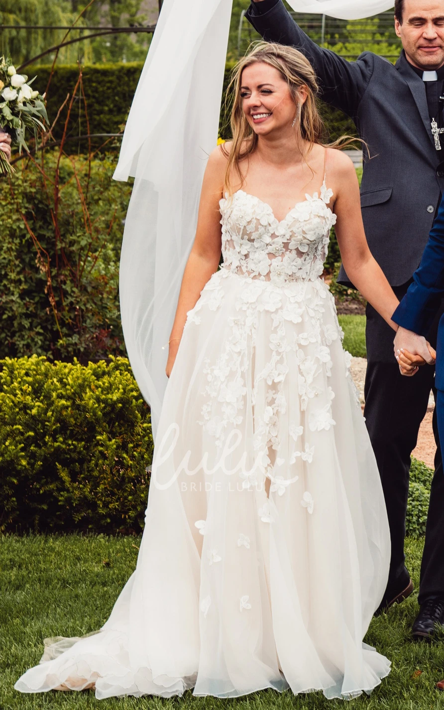 Spaghetti Sweep Train Elegant Open Back Appliques Flower Lace Bride Wedding Dress