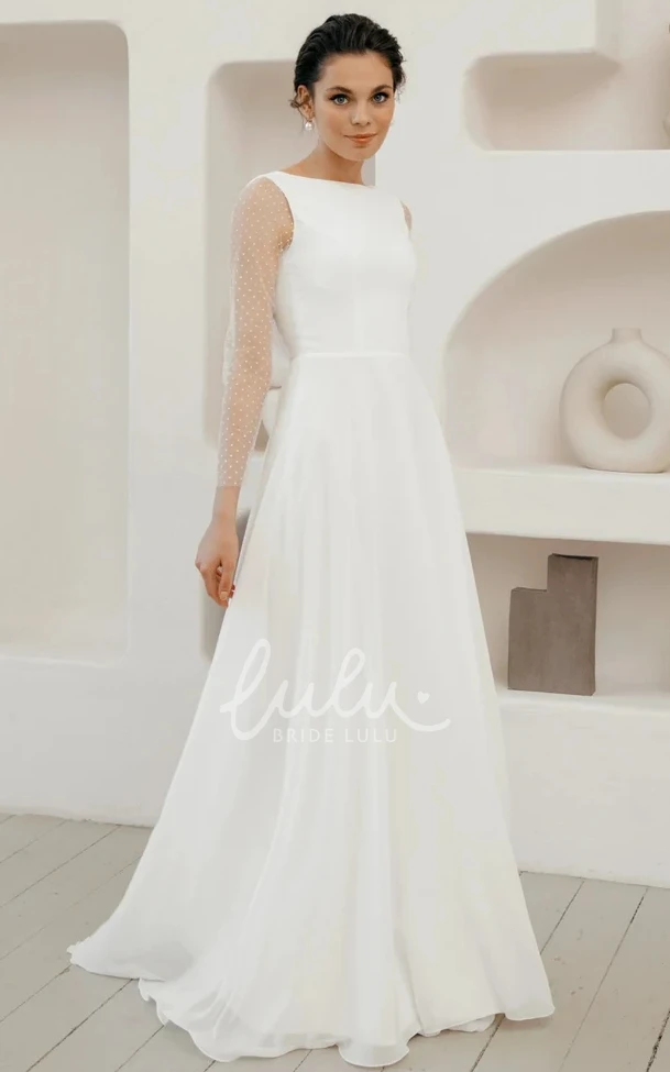 Simple Modest A-Line Bateau Maxi Wedding Dress with Sleeves Elegant Romantic Illusion Pearl Buttton Back Polka Dots Bridal Gown